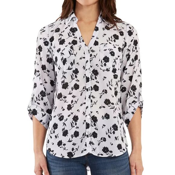 BCX Size L White with Black Floral Print Button Front Blouse, Exc. Used Cond. - Picture 2 of 15